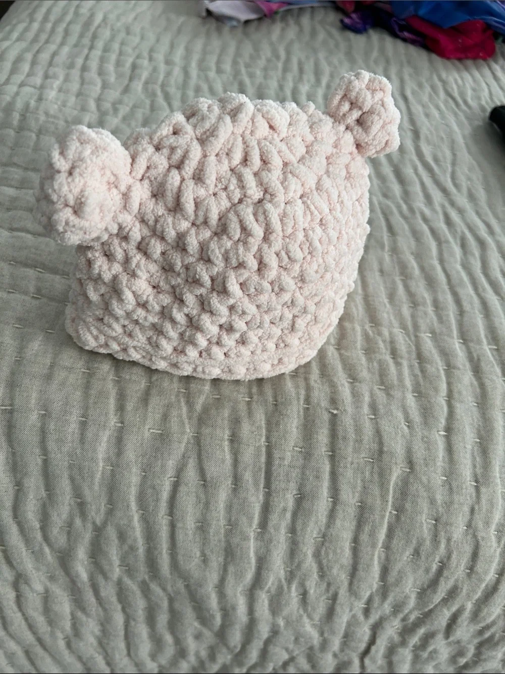 Handmade Pink Plush Knit Baby Beanie with Pom Poms